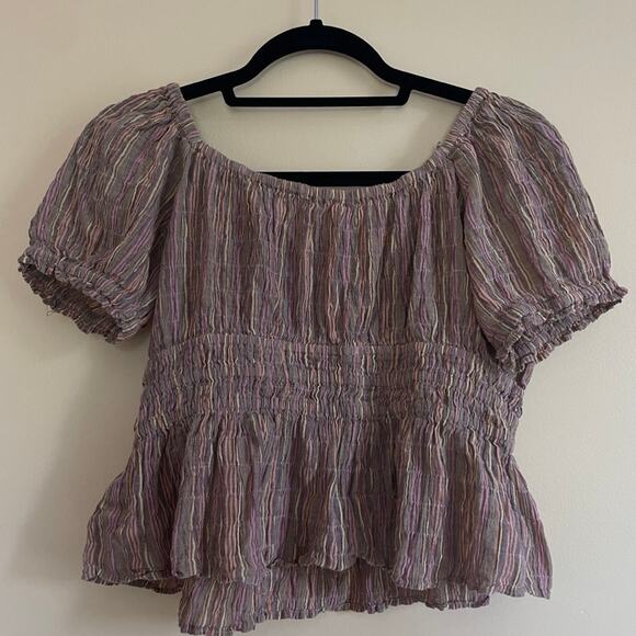 Free People Vivi Smocked Peasant Blouse Natural Stripe Sz L Neutral Boho Stripe - Picture 8 of 9